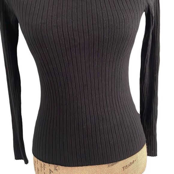 Express Stretch Black Ribbed Round Neck Sweater Top - Small Petite - Picture 3 of 5